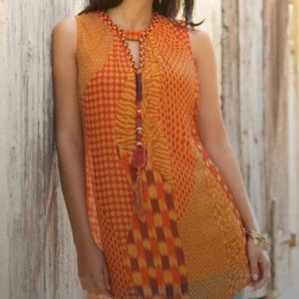 Soft Surroundings Moors Tunic Tank Top Orange Tassel Beads Braided Neck Size M